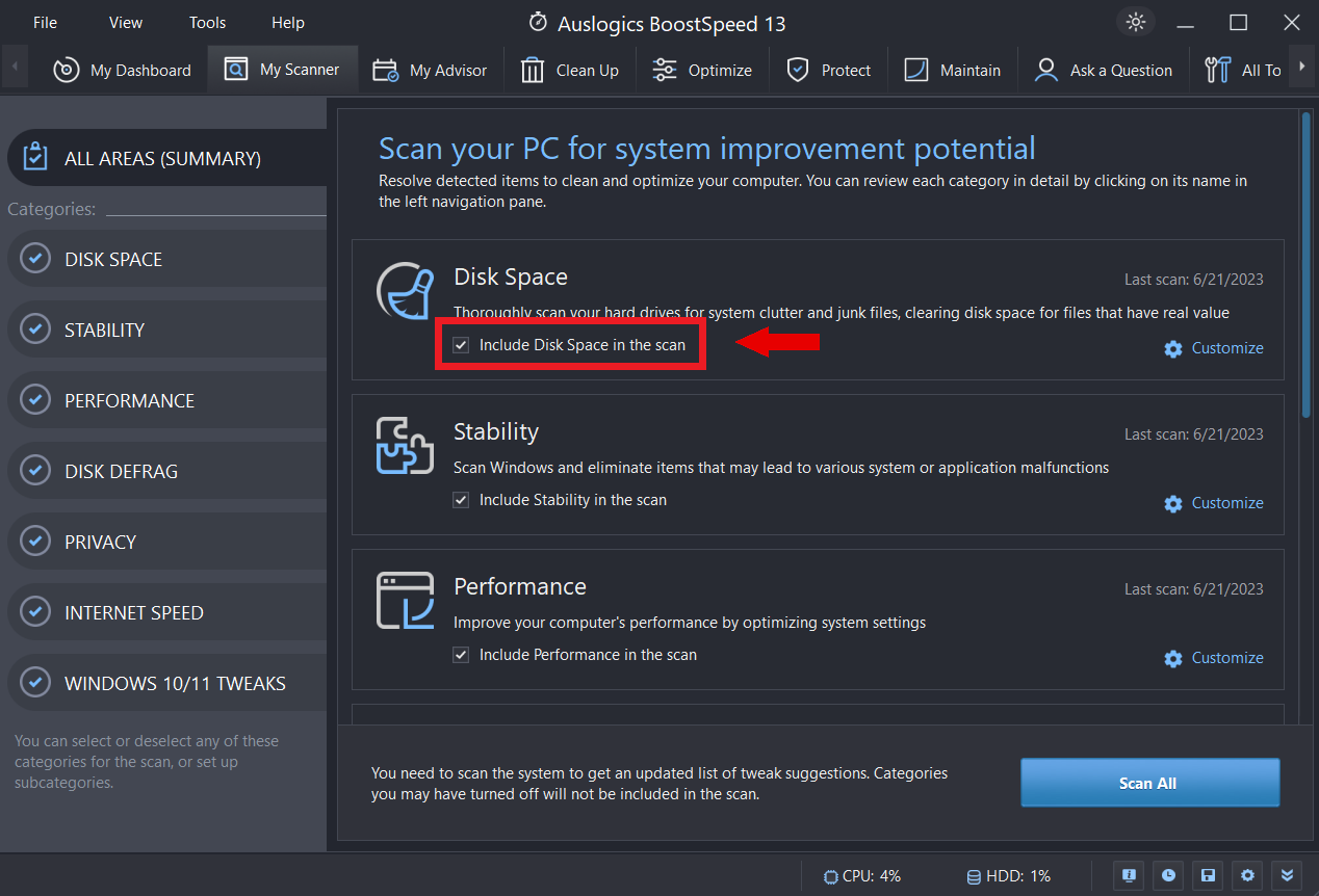 Clean Up disk space with Auslogics BoostSpeed