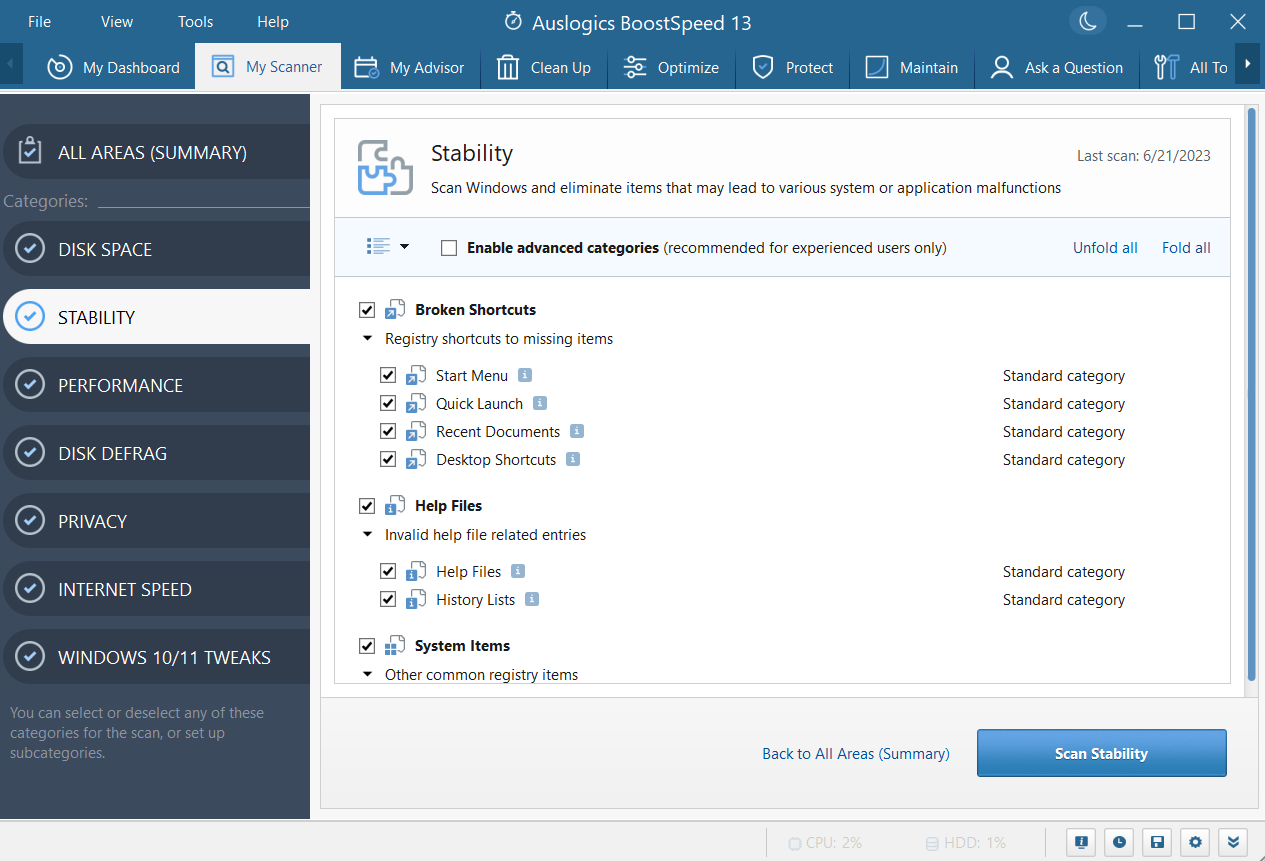 Customize your scan with Auslogics BoostSpeed