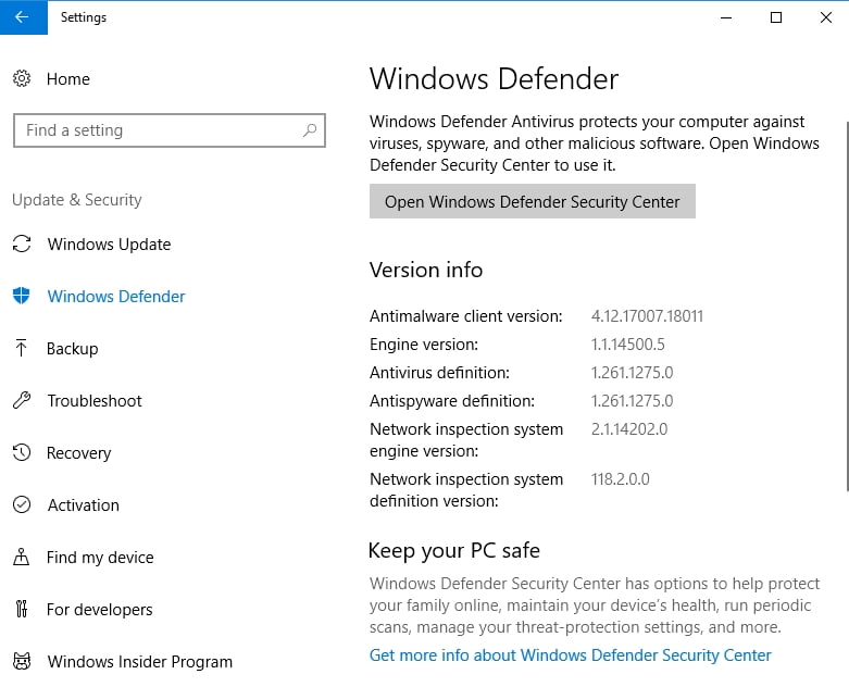 Windows Defender protects your PC against malware.