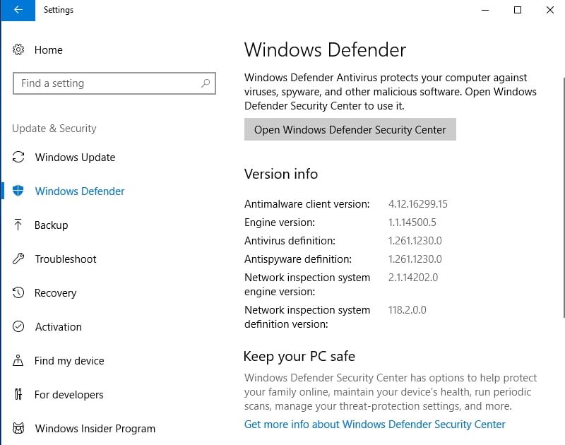 Windows Defender is a built-in security solution. It comes as part of Win 10.
