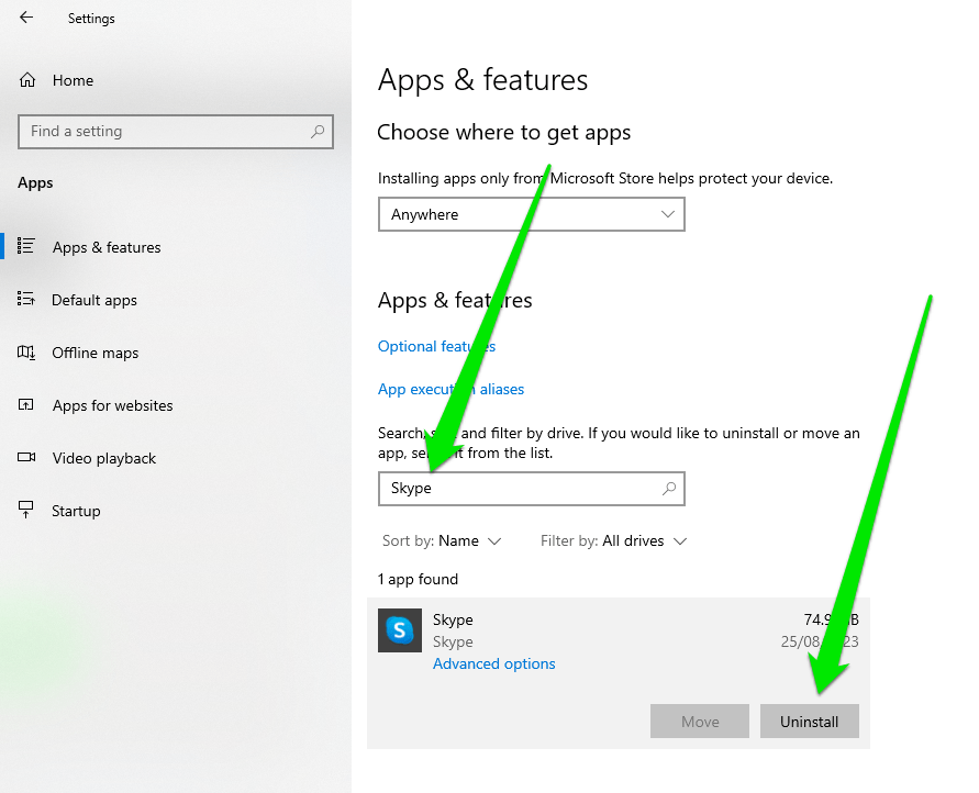 Apps and features Skype Windows 10
