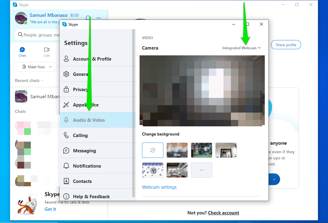 Audio and video settings on Skype