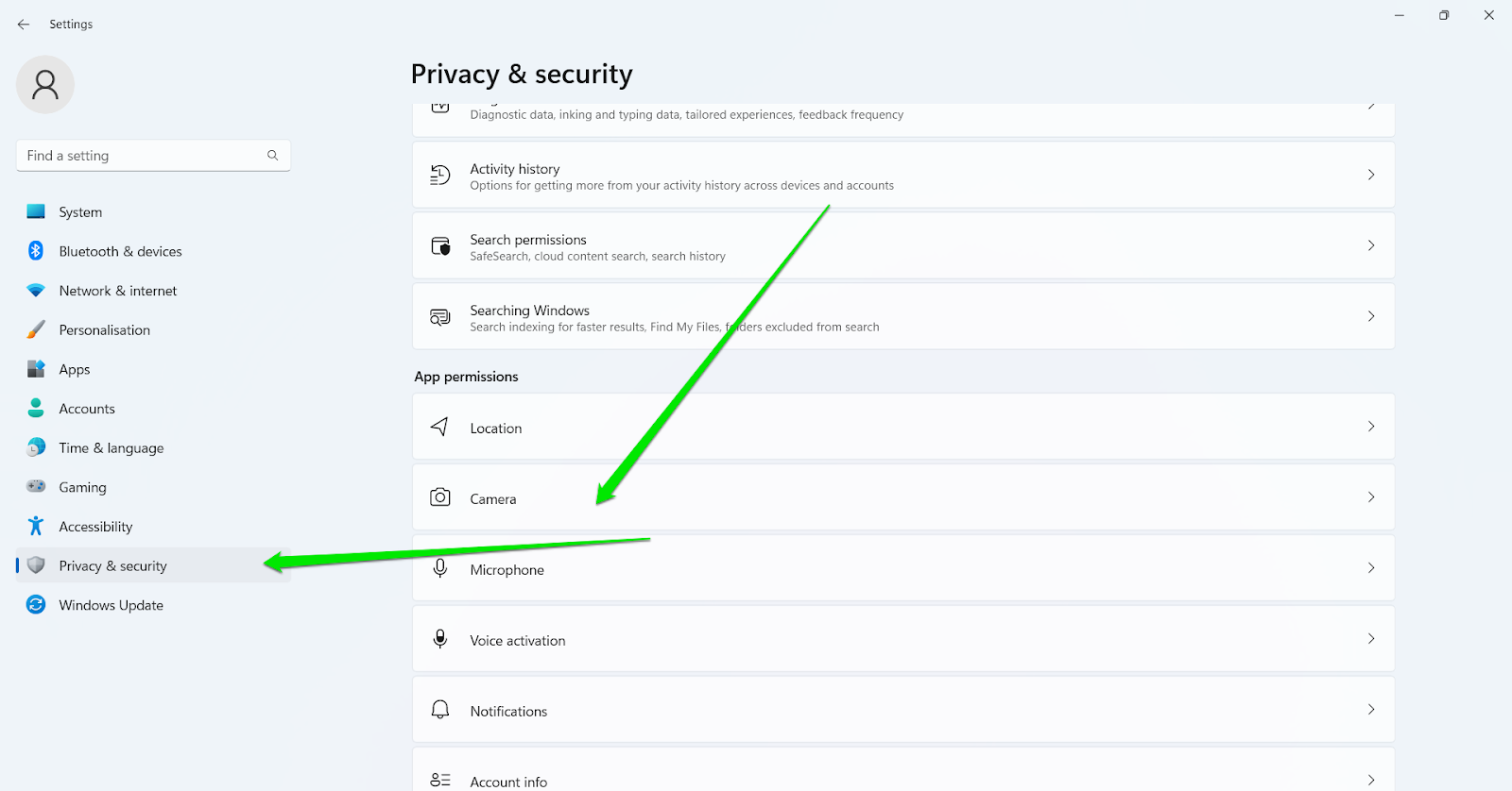Privacy And Security Settings on Windows