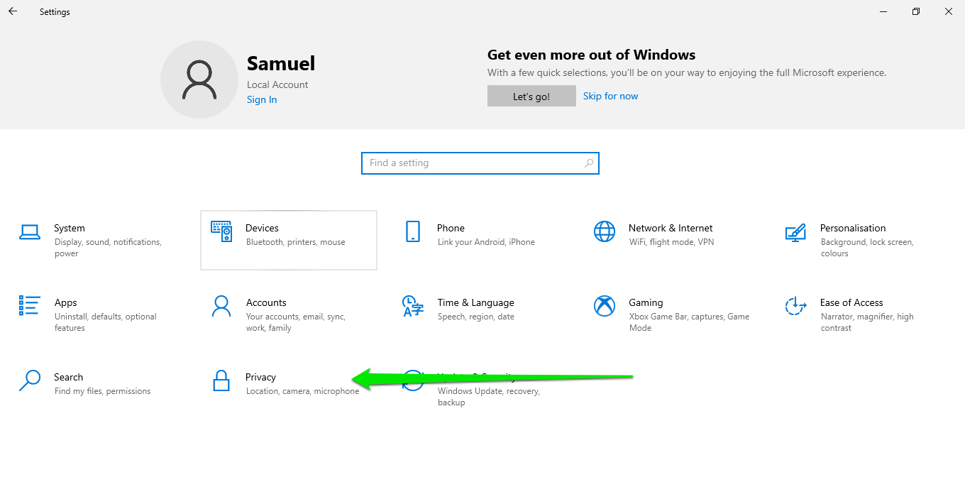 Privacy settings on Windows PC