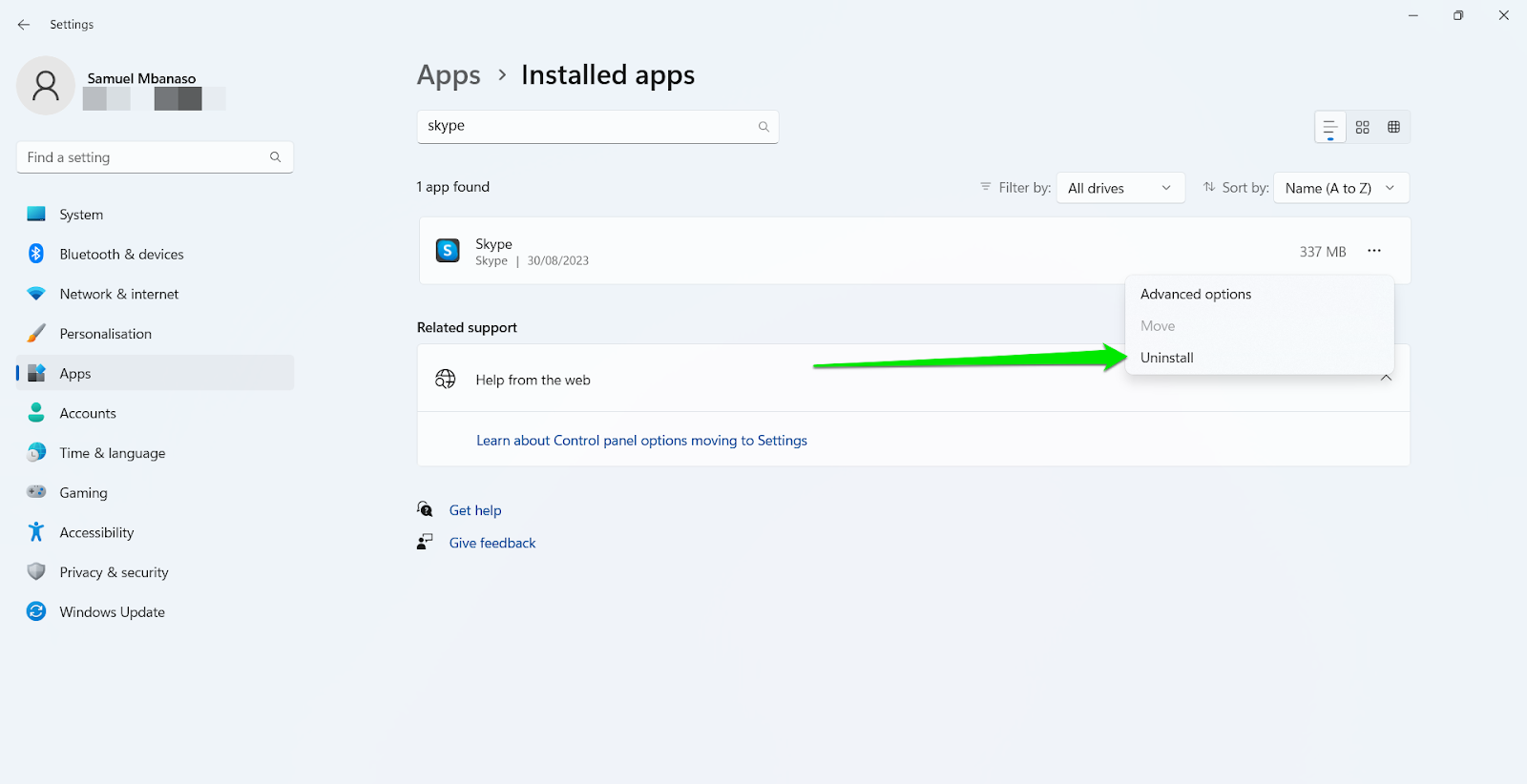 Uninstall Skype from Windows 10