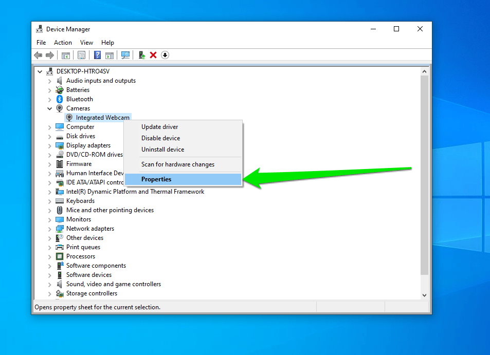integrated webcam device properties
