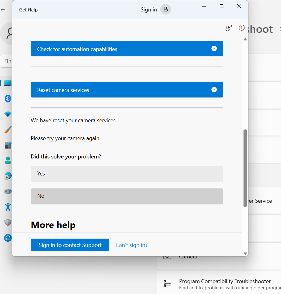 reset camera services Windows 10