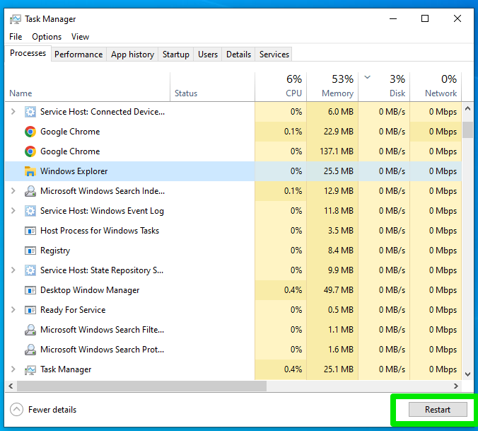Locate Windows Explorer under the processes tab, click it once, and select Restart in the Task Manager’s bottom-right corner