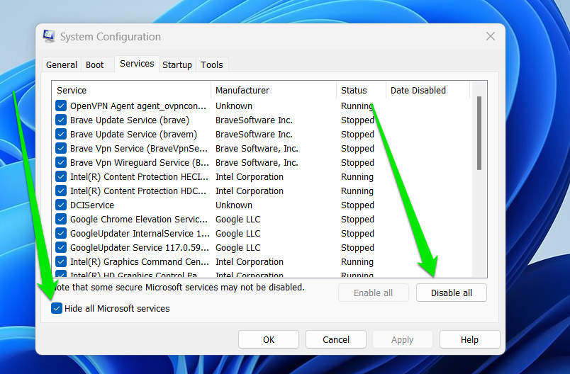 Click the <em>Disable all</em> button and select <em>OK</em>