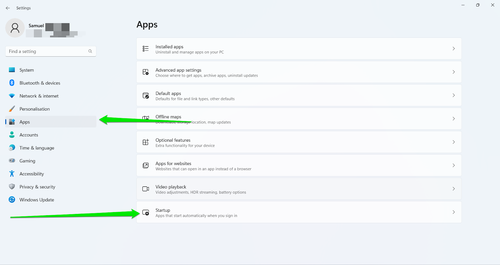 Afterward, head to the Settings application, select Apps, and click Startup