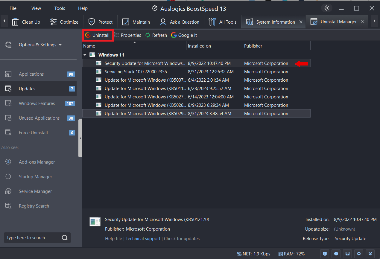uninstall Auslogics BoostSpeed