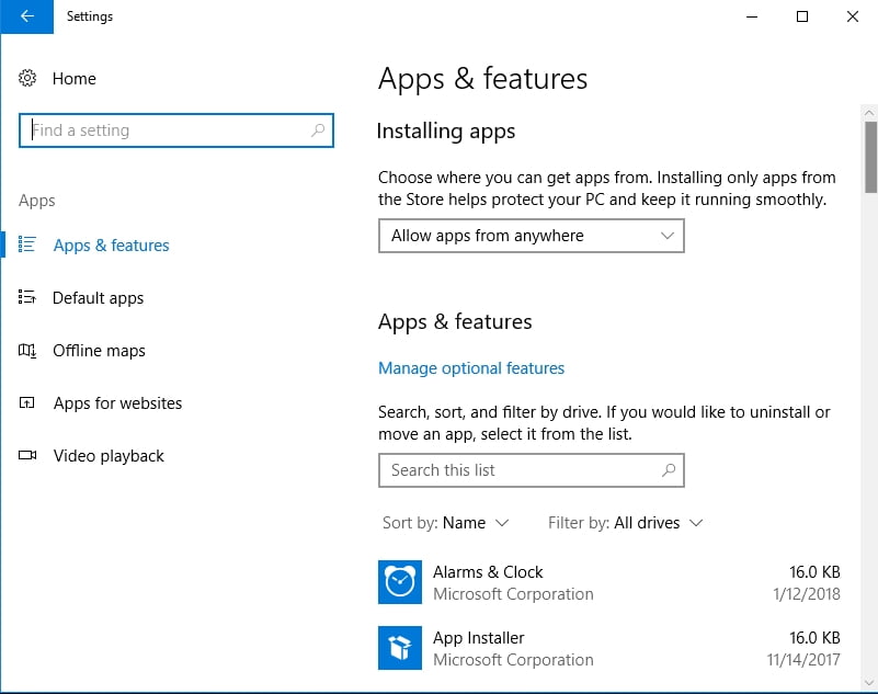 Click on Apps and Features