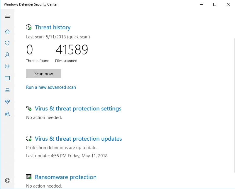 Windows Defender can scan your PC for malware.