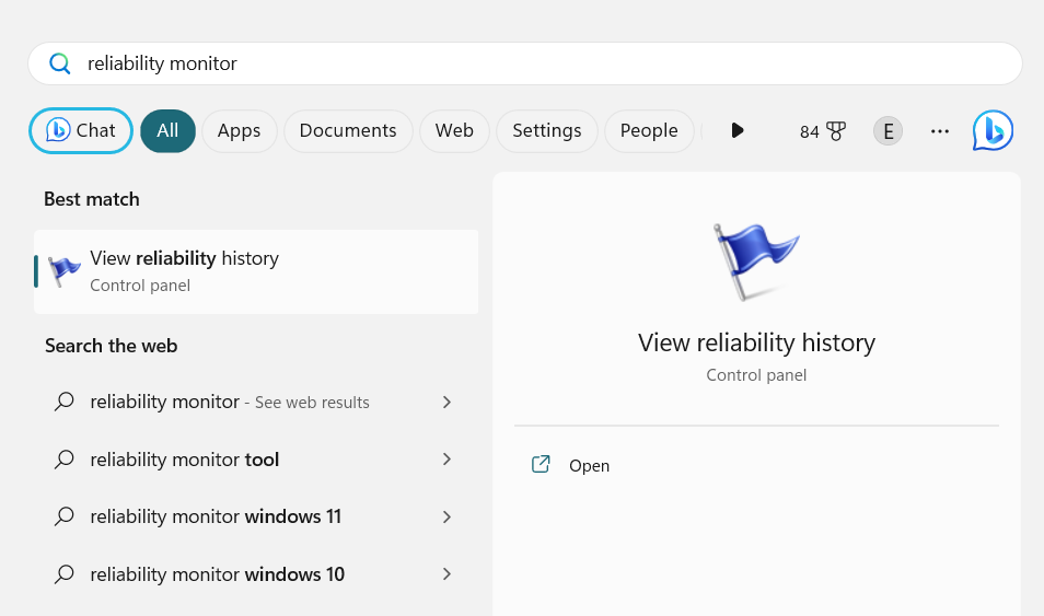 Accessing Reliability Monitor Windows 10