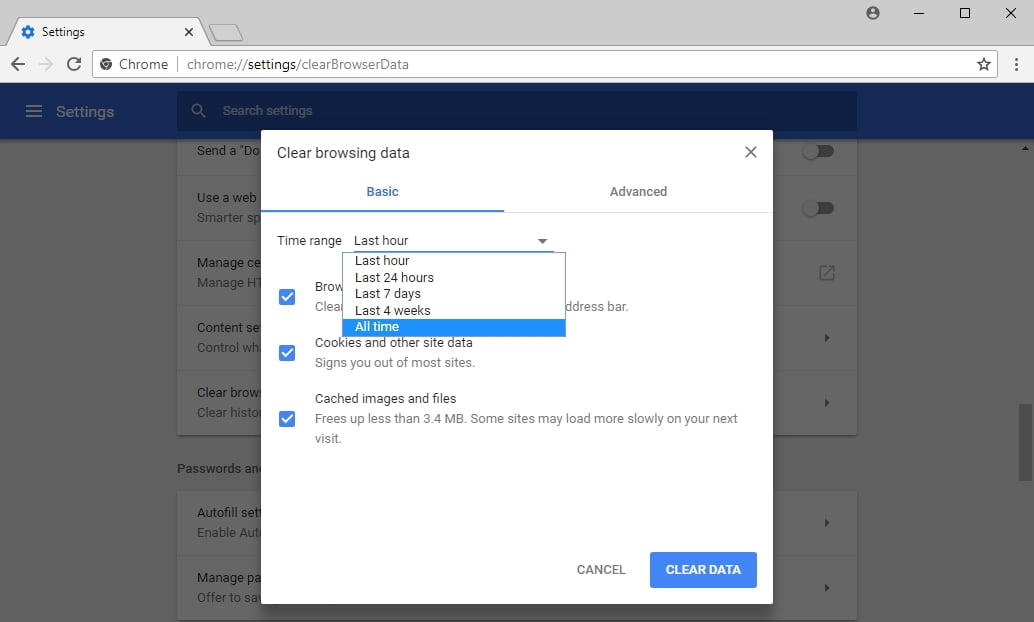 Choose a time range for the data you wish to remove