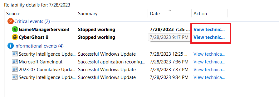 Identifying Critical Events in Reliability Monitor