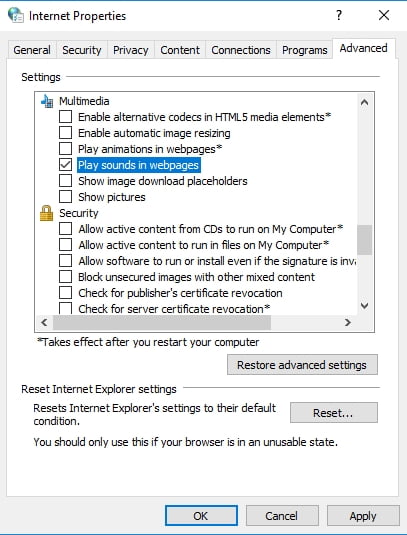 Make sure that the box beside ‘Play sounds in web pages’ is selected