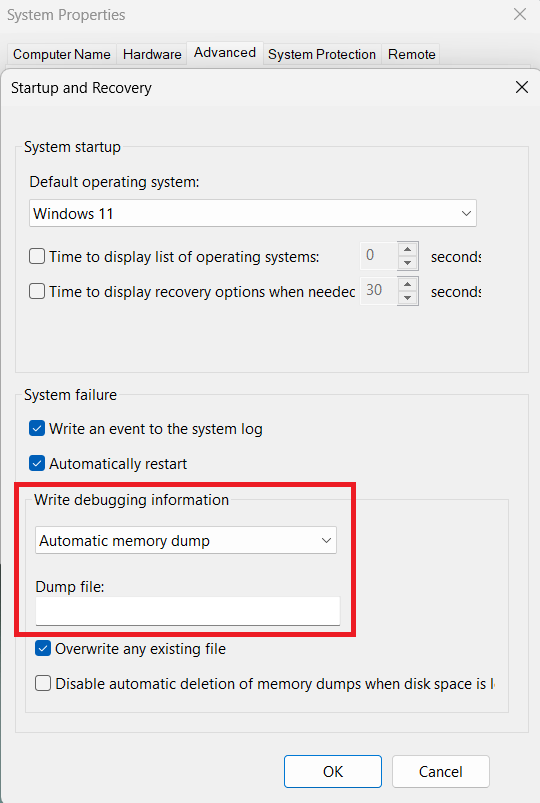 System Properties Startup and Recovery
