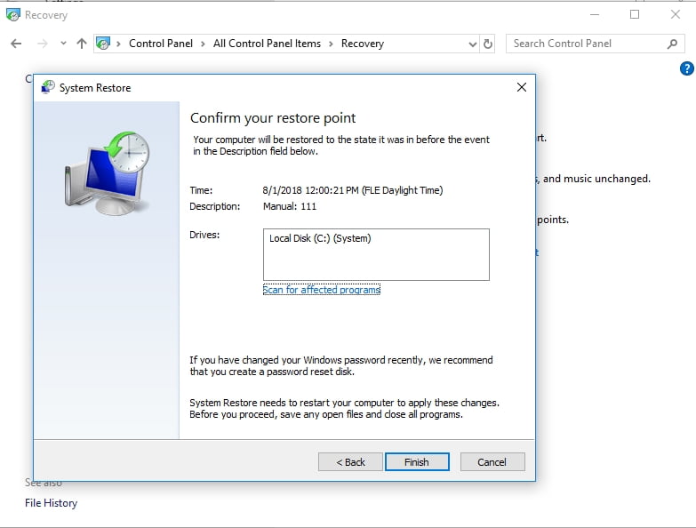 Confirm your restore point