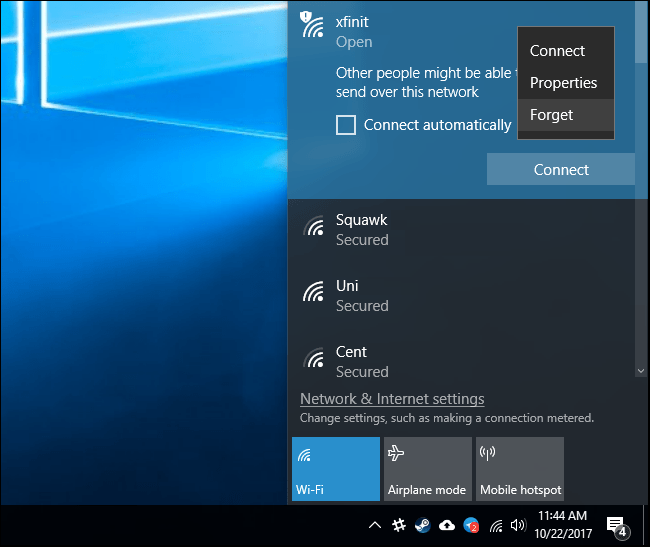 how to delete wifi network in windows 10
