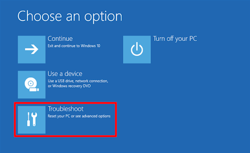 When Windows restarts, click <i>Troubleshoot</i>