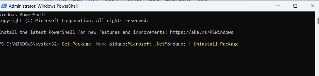 Type the following command in the PowerShell window.