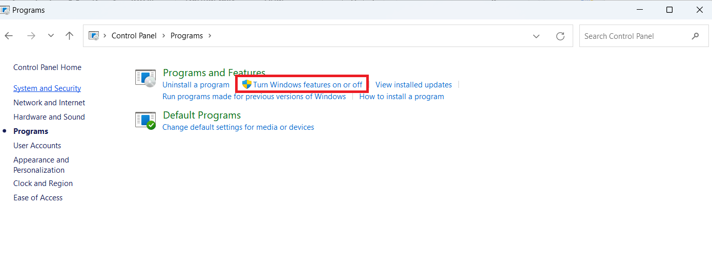 Click “Turn Windows features on or off” in the “Programs and Features” window.