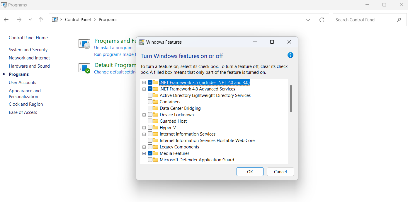 Check “.NET Framework 3.5 (includes .NET 2.0 and 3.0)” in the list and click “OK.”