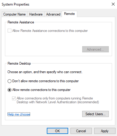 Check the the <i>Network Level Authentication</i> box