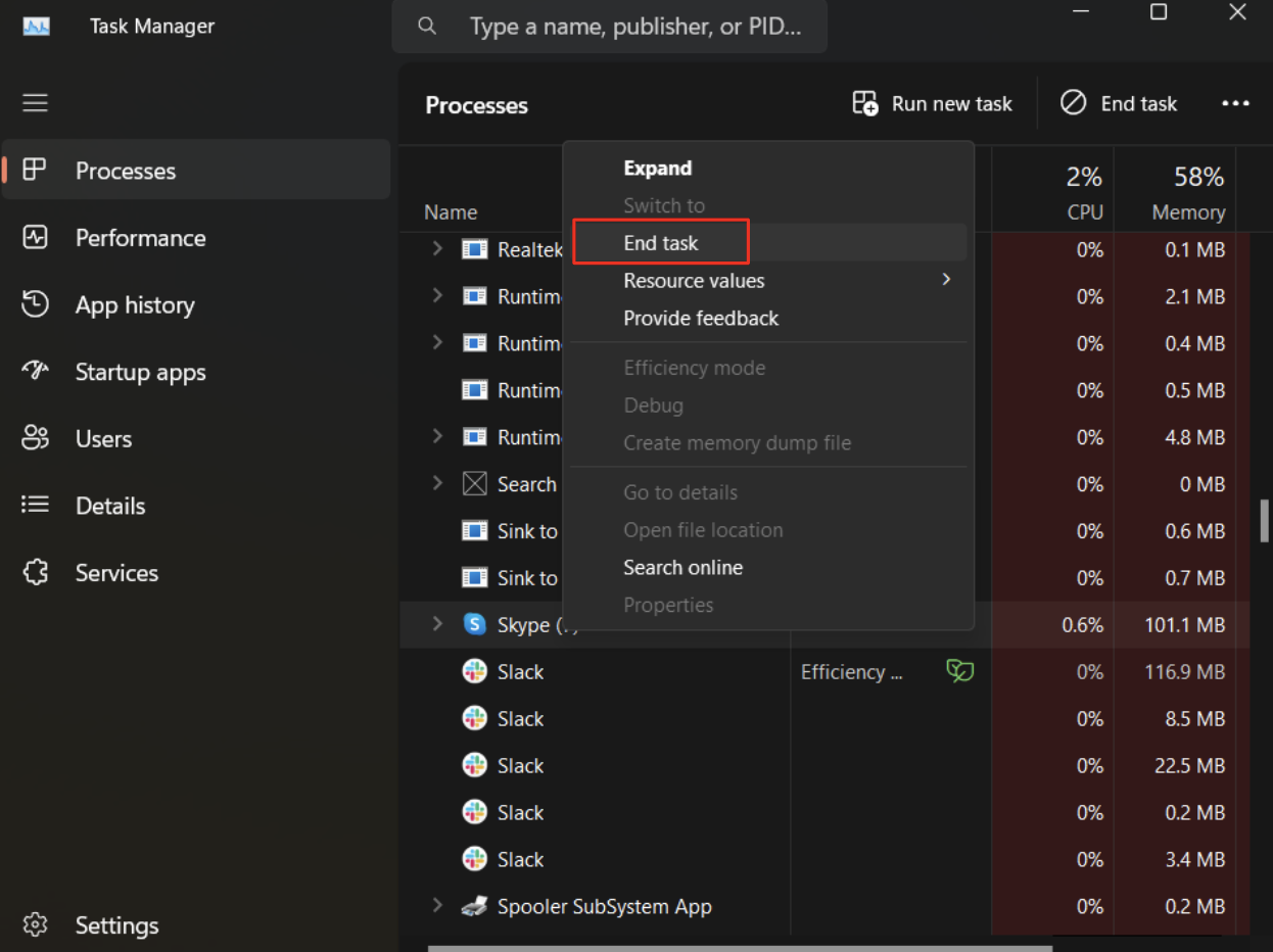 Task Manager end task