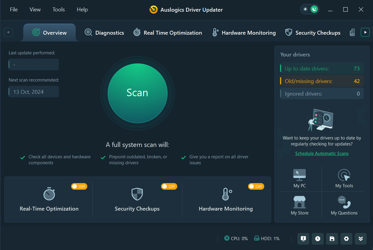 Click on the Scan button. The software will analyze your system and list outdated, missing, or faulty drivers