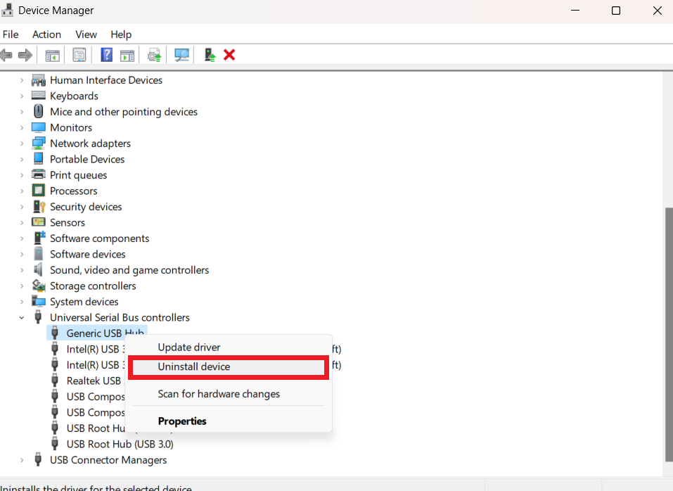 Right-click on each driver and select <em>Uninstall device</em>