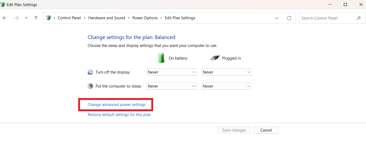 Click on <em>Change advanced power settings</em>