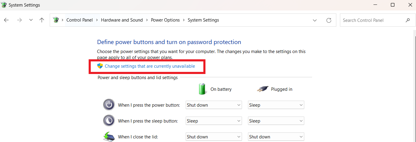 Click Change settings that are currently unavailable.