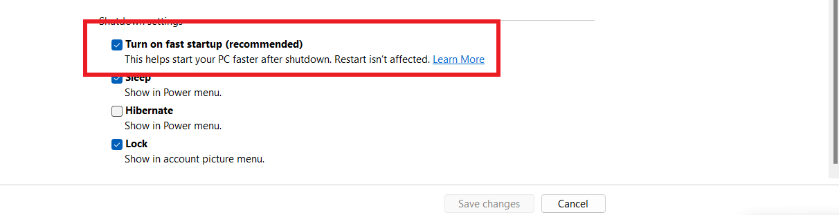 Search for Turn on fast stratup
