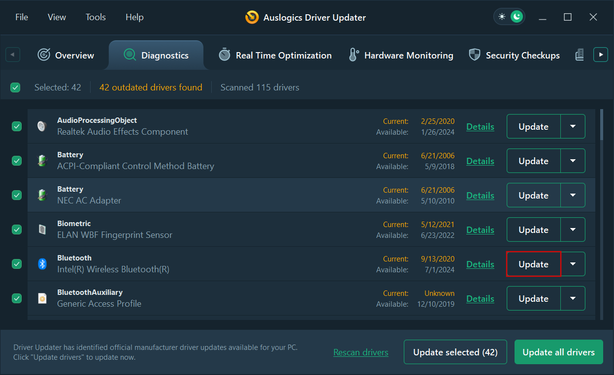 Click Update all drivers to update all outdated drivers at once or click Update next to specific drivers