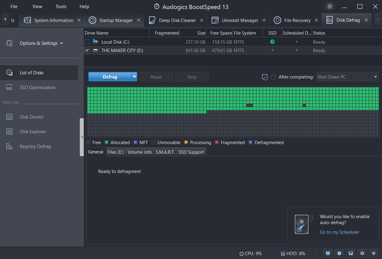 optimize drives with Auslogics BoostSpeed 13