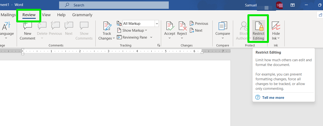 Go to the Review tab in the ribbon menu and select Restrict Editing in the Protect ribbon.