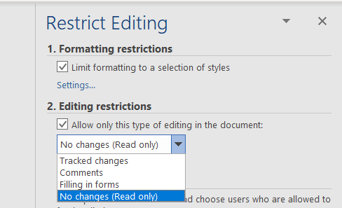 The Editing Restrictions section allows you to limit how people edit text. You can restrict other users in the following ways: