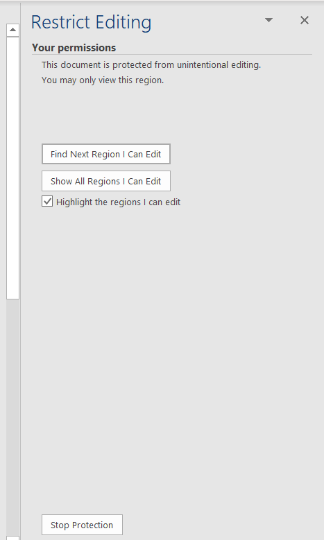 You can turn off the protection by clicking the Review tab, selecting Restrict Edit from the Protect ribbon, and clicking the Stop Protection button in the Restrict Editing pane.
