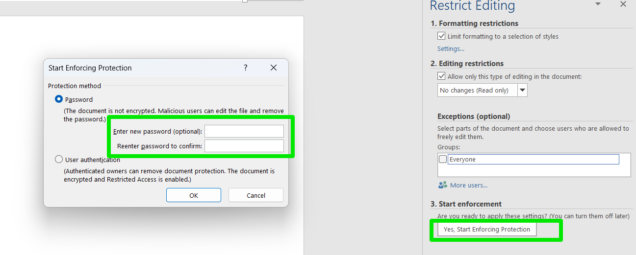 Go to the Start enforcement section after choosing the restrictions you want to apply and click the “Yes, Start Enforcing Protection” button.