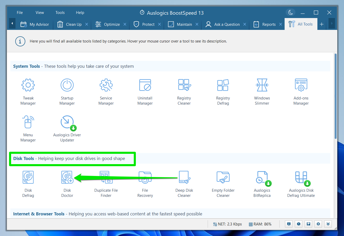 Go to the Disk Tools section and select Disk Doctor.