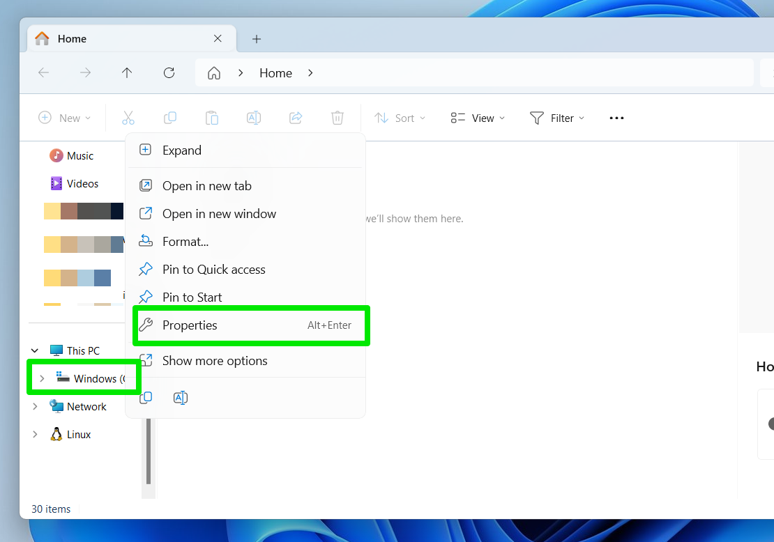 Launch File Explorer, right-click your drive in the left navigation pane and select Properties.