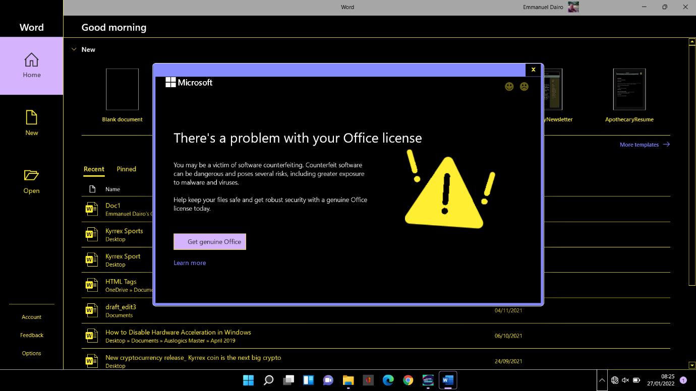How to remove 'There's a problem with your Office license' notification?