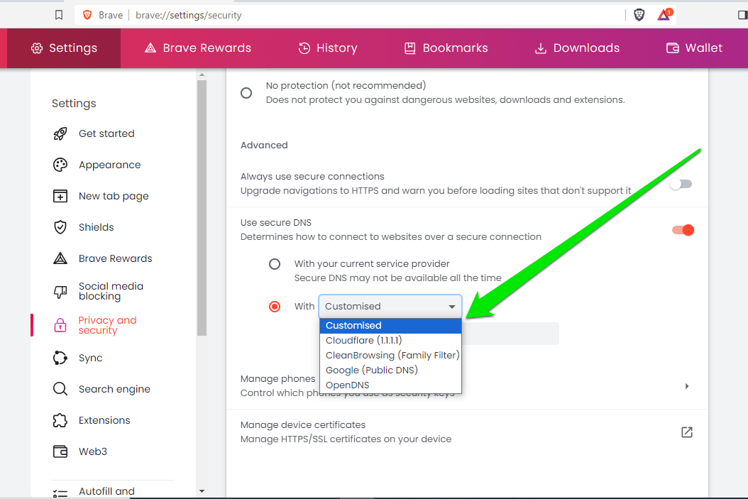 DNS settings on the Brave browser