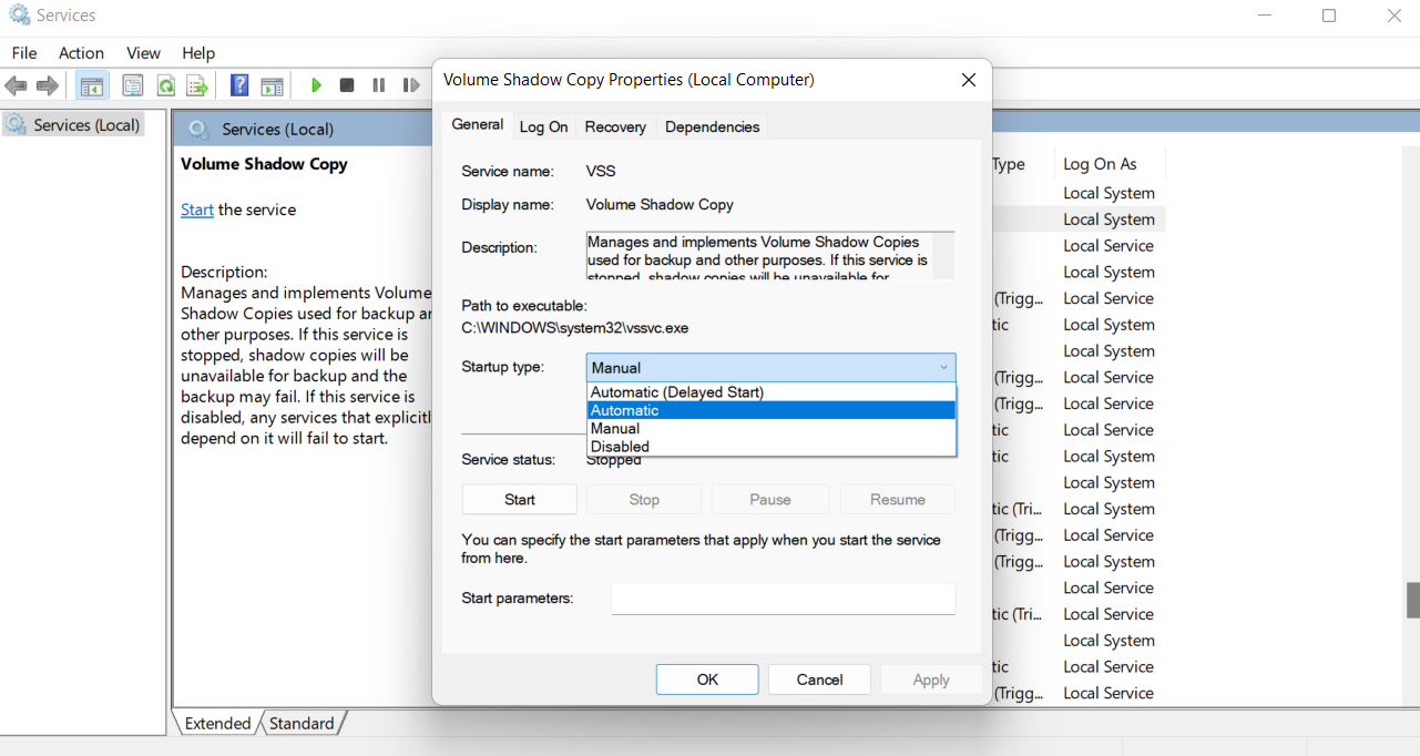Double-click <em>Volume Shadow Copy</em>