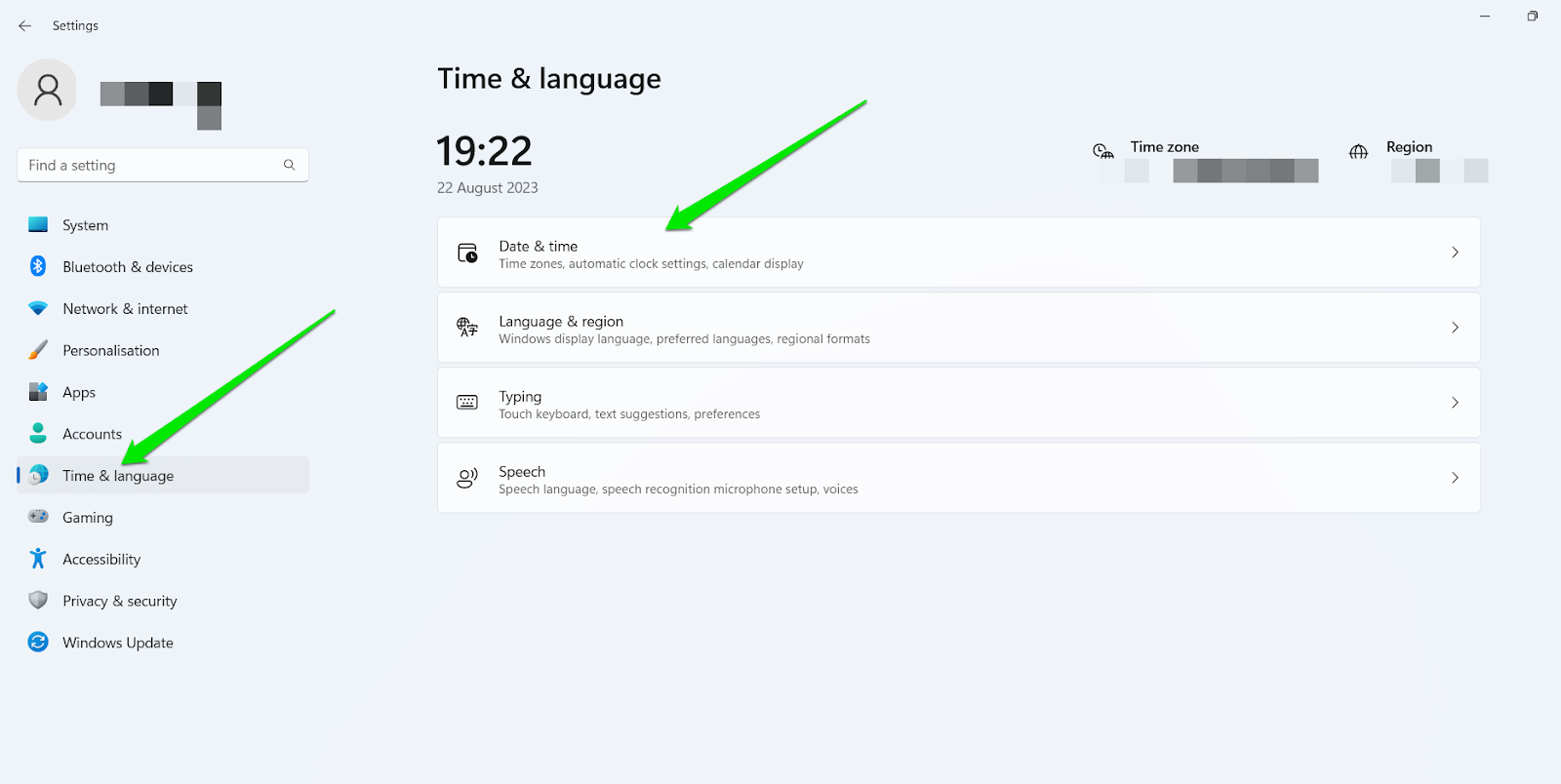 Windows 10 time and language