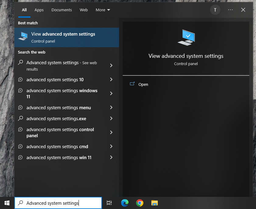 Allow Windows to manage your paging file. Advanced system settings