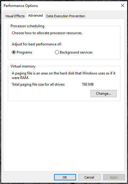 Allow Windows to manage your paging file. Virtual Memory
