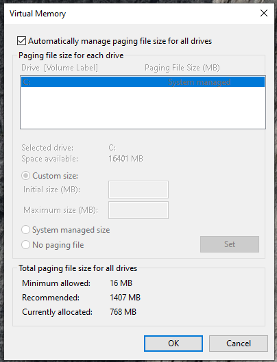 Automatically manage paging file size for all drivers